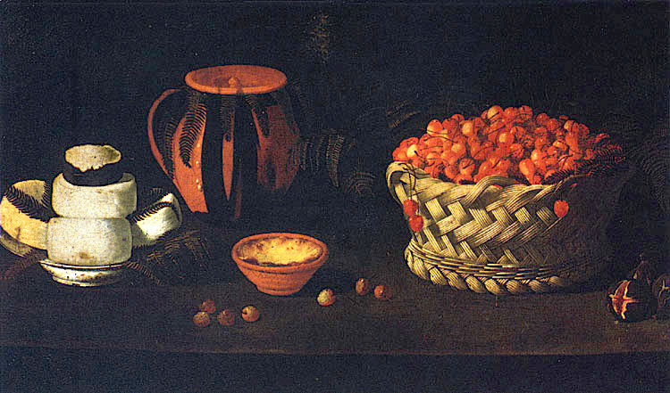 basket with cherries cheeses and pork